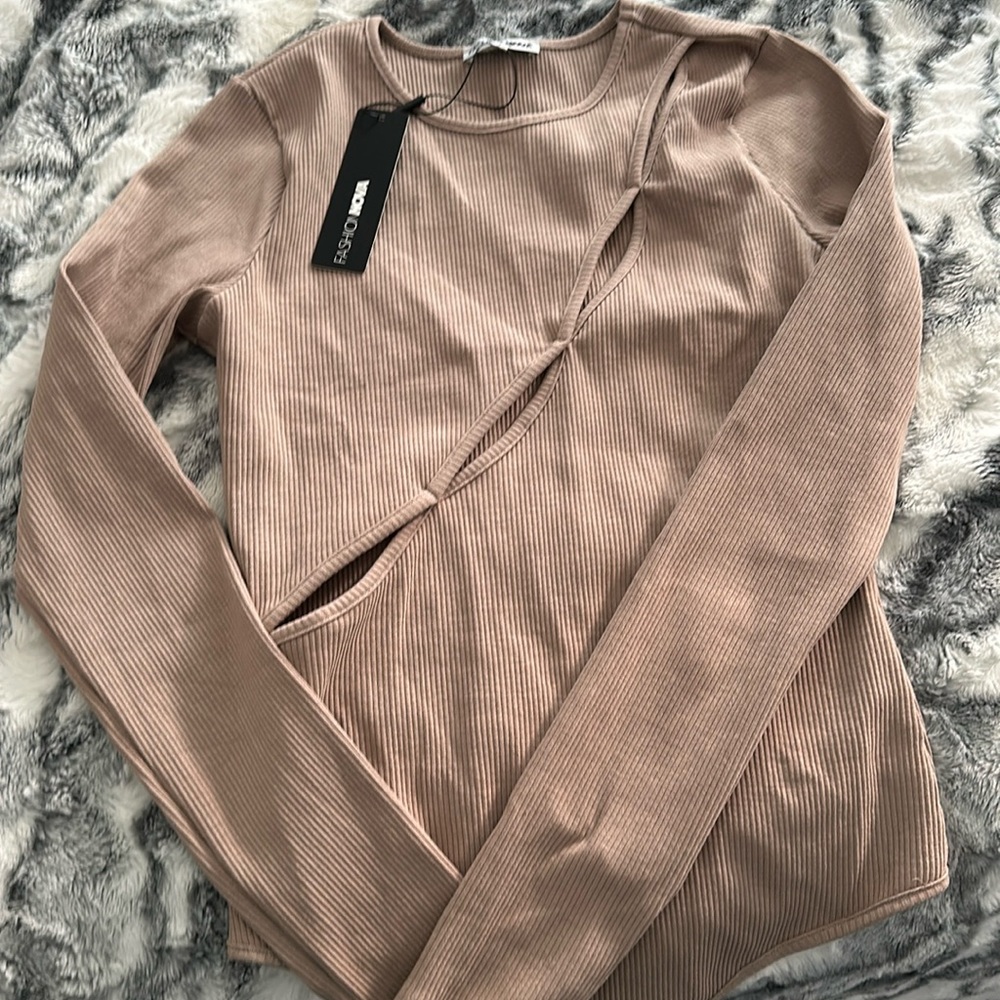 taupe kim long sleeve cut out body suit
